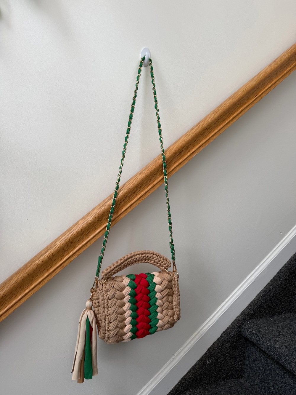 Woven Straw Crossbody Bag with Green and Red Accents